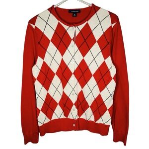 Lands End Preppy Argyle Cardigan Sweater Medium Golf Retro Supima Old Money Red